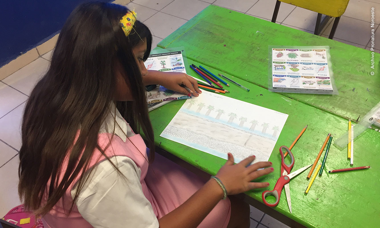 Niña trabajando en un taller de Guardianes del Manglar en salón de clases.