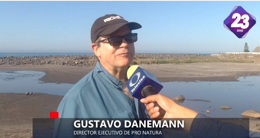 Pantalla con San Miguel de fondo y Gustavo D. Danemann en primer plano siendo entrevistado.
