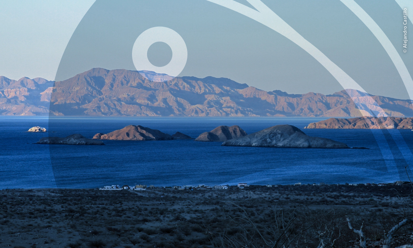 Paisaje de Bahía de Los Ángeles con la costa y las islas de fondo.