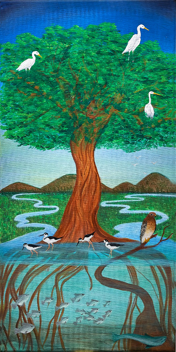 Pintura con gran árbol de mangle que se alimenta con las raíces del agua. Al fondo hay un paisaje de aroyos que serpentean y varias garzas, peces y aves playeras acompañan la escena.