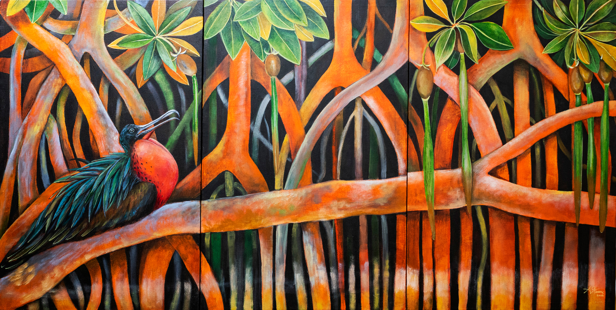 Pintura en tres páneles con acercamiento a una fragata con el pecho rojo en las ramas de los manglares