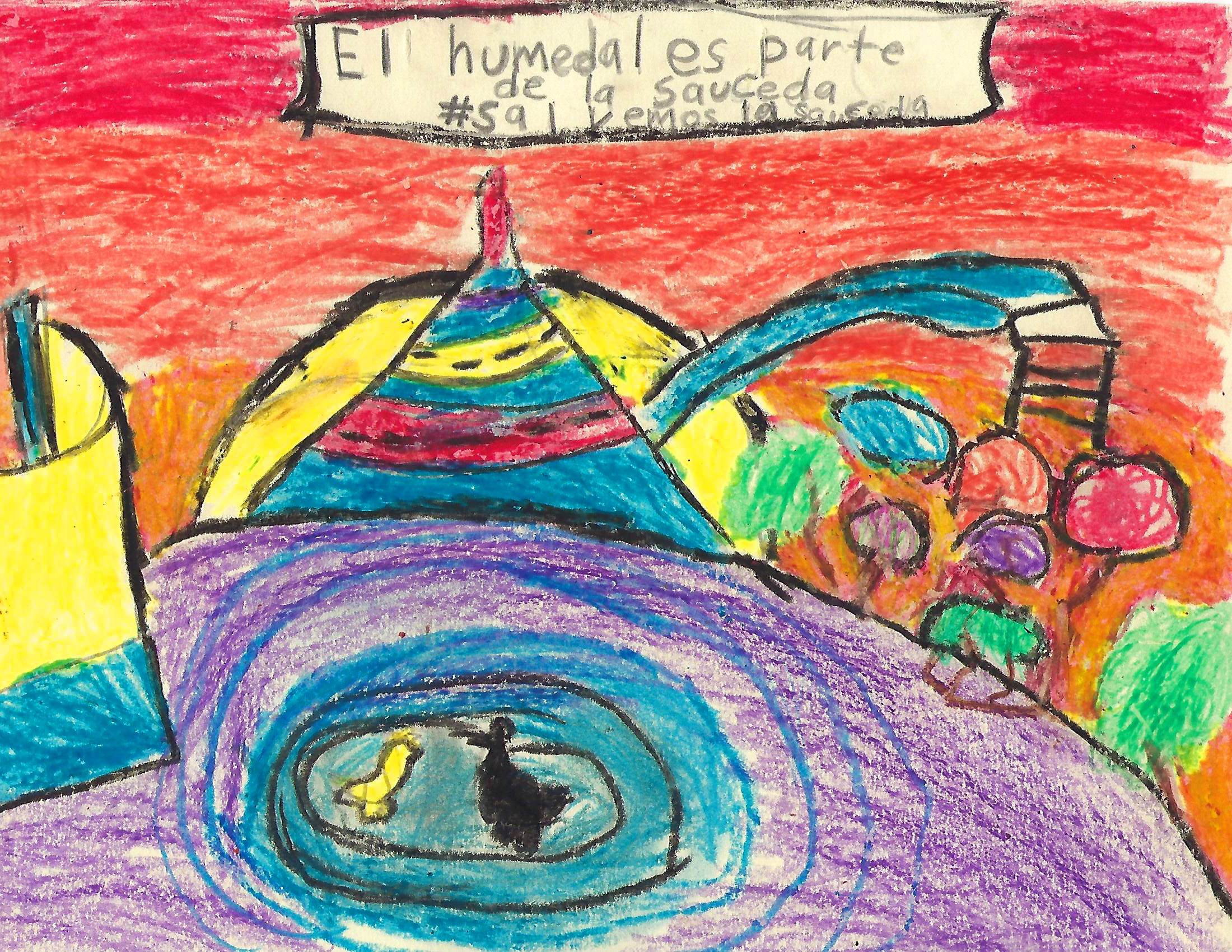 Dibujo con lápices de cera, con colores brillantes y figuras geométricas, hay un bosque con copas de árboles multicolor y un estanque al centro con un pato.