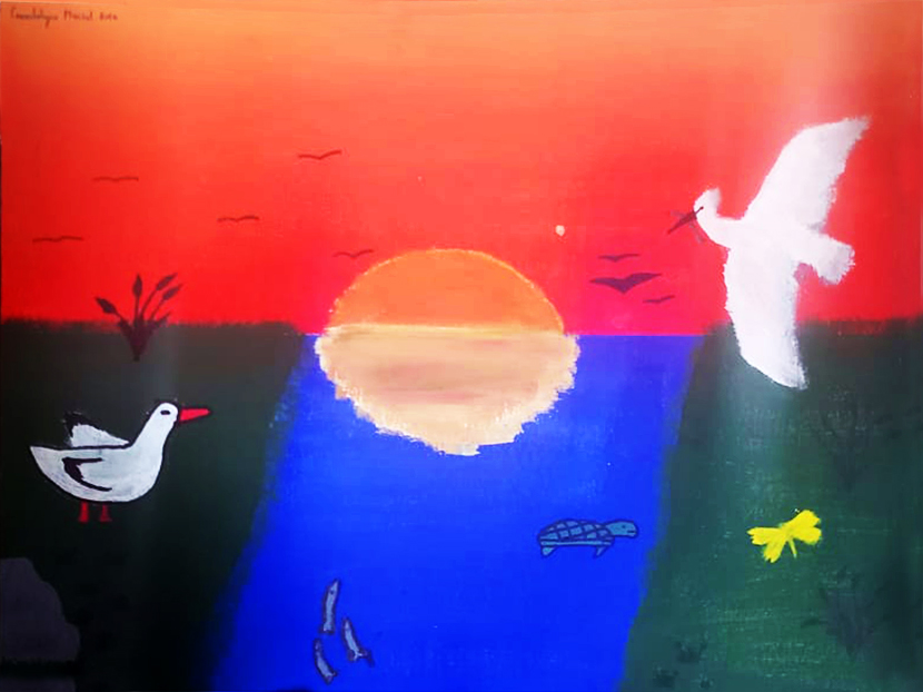 Pintura con paisaje de un río al atardecer con intensos colores rojo y naranja para el cielo. Aves y otras especies lo habitan.