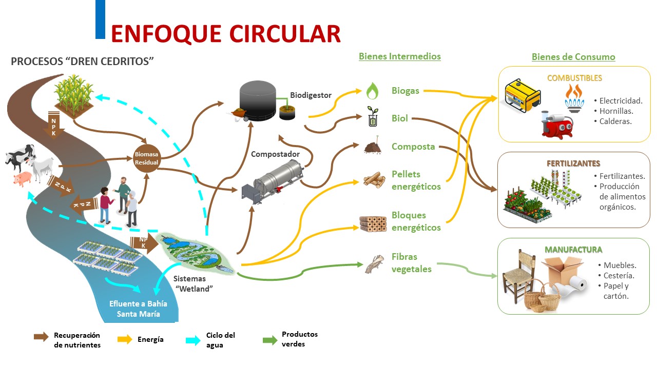 Esquema de Enfoque circular, que muestra el proceso del Dren, los bienes intermedios y los recursos finales que se obtendrán de ese proceso.