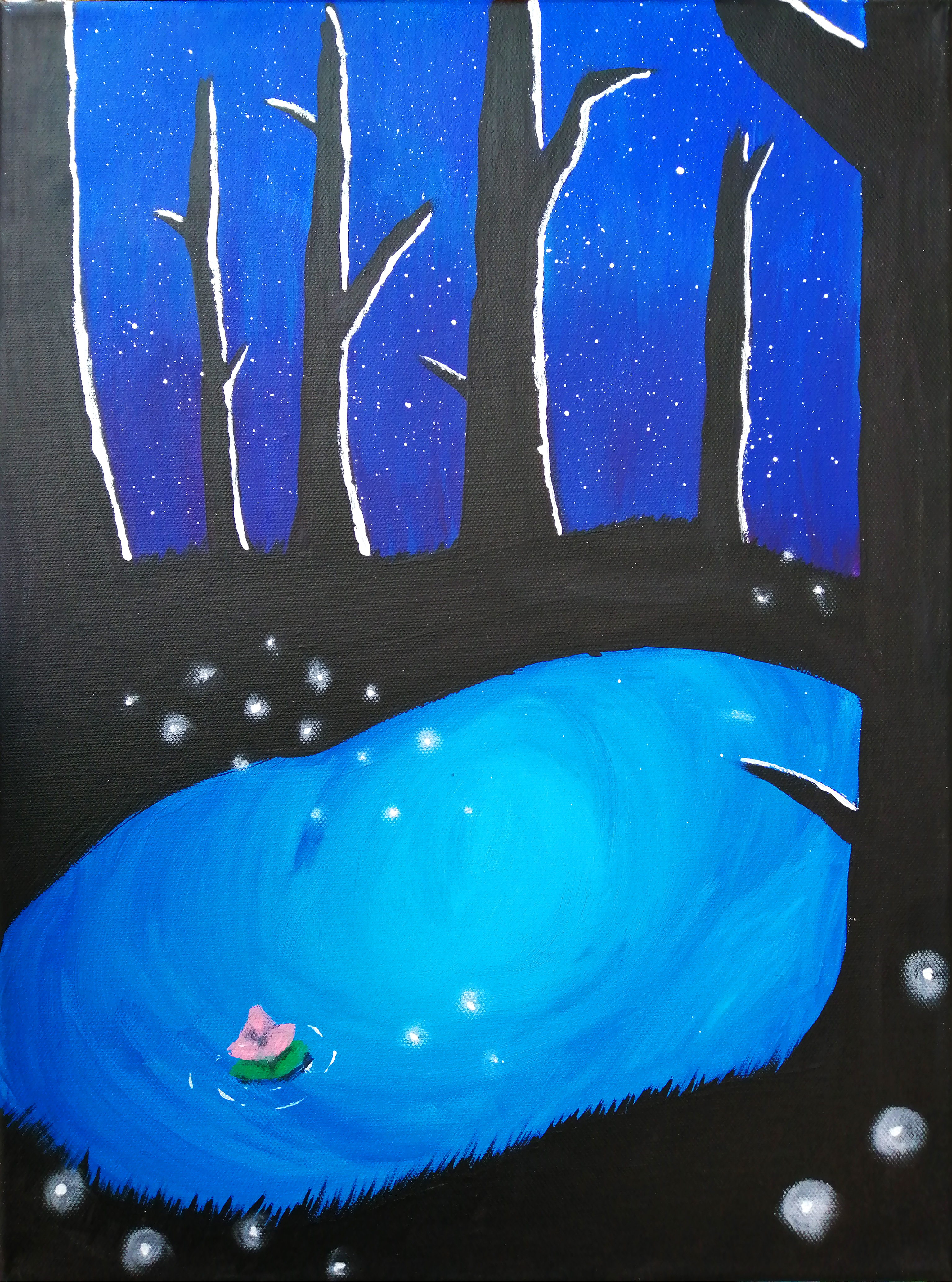 Pintura de paisaje nocturno en tonos azules y negros. 