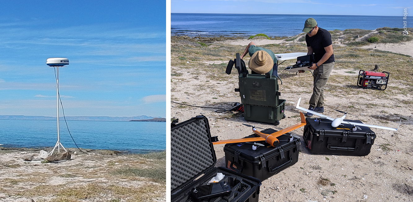 Personal de PNO preparando Dron para vuelo, a la izquierda la torre Furuno, componente para el M2