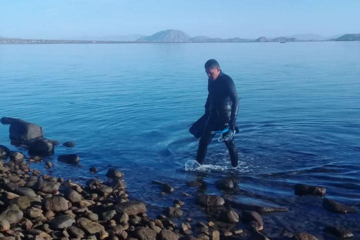 Jesús Flores con traje de buzo, saliendo del mar en Bahía de Los Ángeles. 