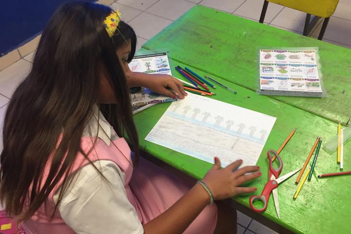 Niña trabajando en un taller de Guardianes del Manglar en salón de clases.
