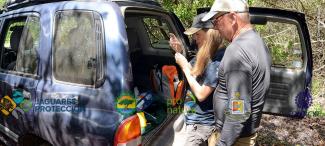 La médico veterinario y zootecnista Ivonne Cassaigne y Ron Thompson de Primero Conservation preparando lo necesario para la captura de los Jaguares. Camila fue la primera en ser capturada, esta hembra se monitorea desde 2015.