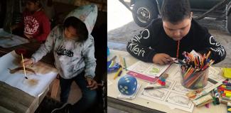 Niños en actividades de taller de dibujo en línea y taller presencial en la comunidad.